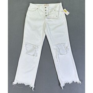 Free People Jeans 27 White Maggie Mid Rise Straight Distressed Hem Button Fly